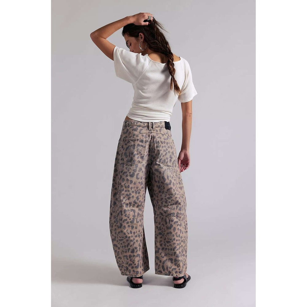 Free People We The Free Good Luck Printed Barrel Jeans Brown Sugar 27 Leopard - Picture 3 of 16
